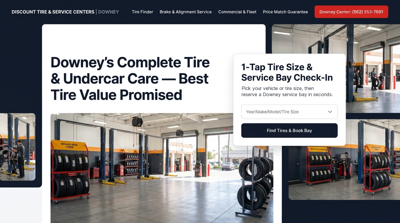 Brandcore concept for the Discount Tire & Service Centers Downey store page: tire finder, brake and alignment service, fleet and price-match navigation with a 1-tap tire size and service bay check-in